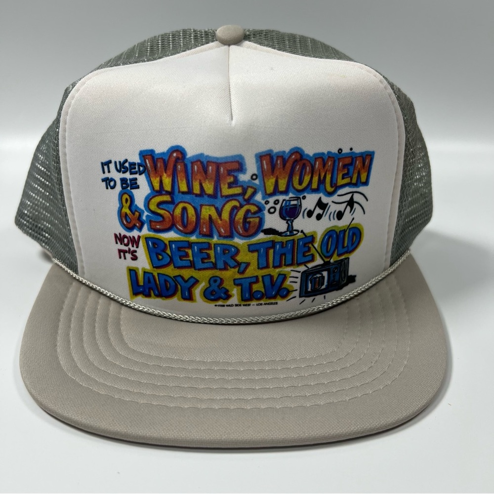 VTG Nova‎ Trucker Hat Snapback White Gray Mesh 1988 Wine Women Song Print